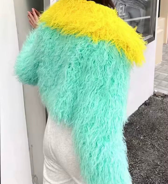 Women Color Patchwork Fashion Faux Fur Short Jacket
