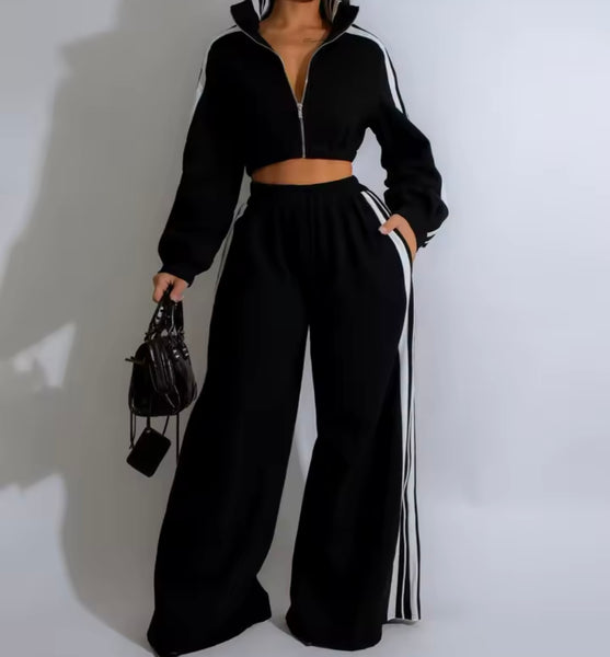 Women Striped Zip Up Fashion Two Piece Tracksuit Pant Set