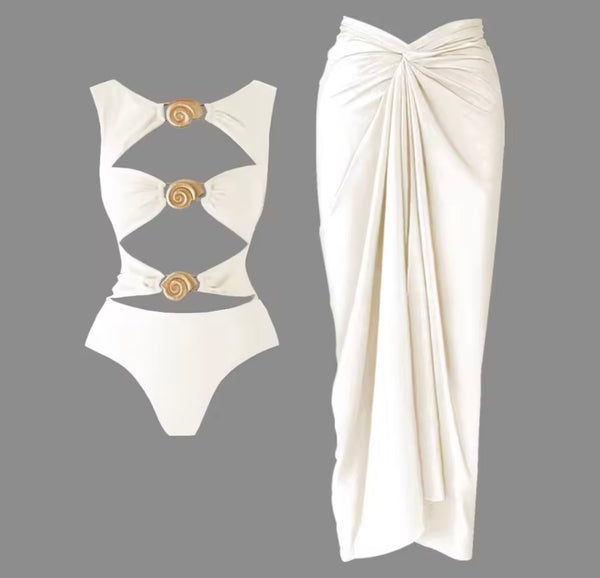 Women White Gold Cut Out Sexy Swimsuit Cover Up Set