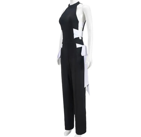 Women Black Sleeveless Sexy Side Tie Up Jumpsuit