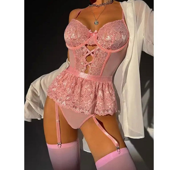 Women Sexy Sleeveless Lace Bodysuit Lingerie Set