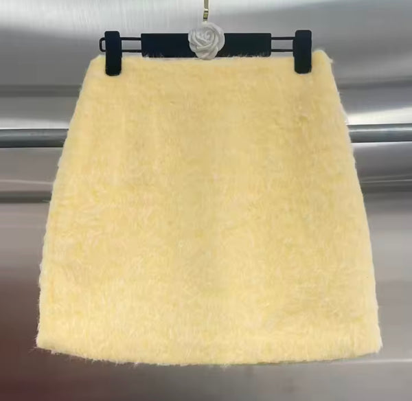 Women Yellow Fashion Furry Long Jacket Two Piece Skirt Set