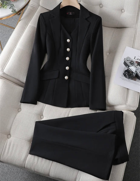 Women Fashion Button Up Full Sleeve Blazer Two Piece Pant Set