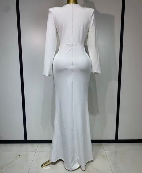 Women Sexy V-Neck Full Sleeve Ruched Rhinestone Maxi Dress