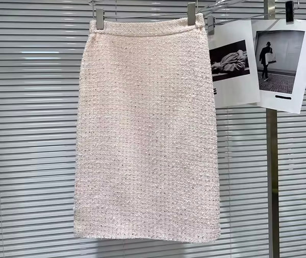 Women Bling Ruffled Button Up Pink Tweed Blazer Two Piece Skirt Set