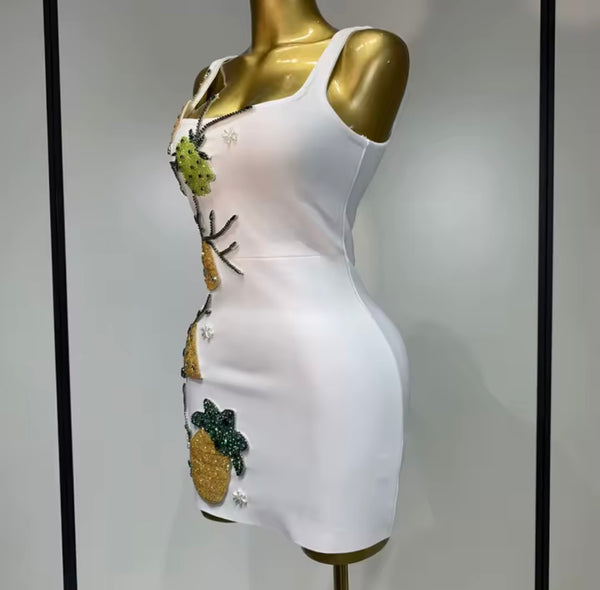 Women Sexy White Sleeveless Rhinestone Bandage Dress