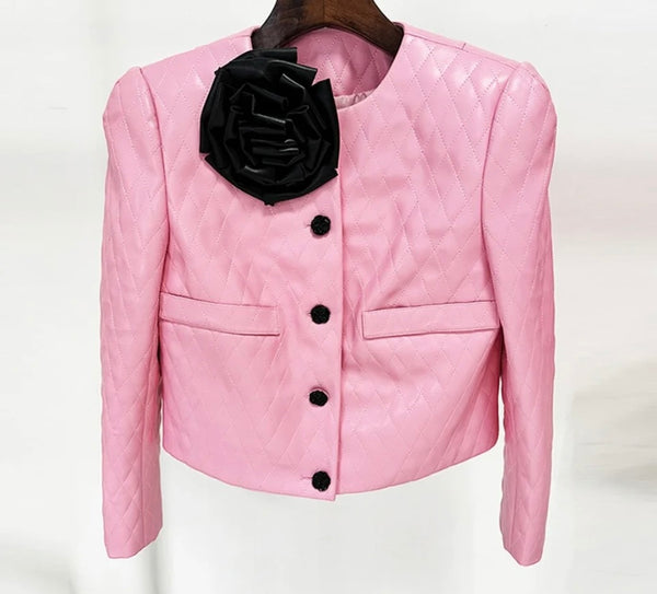 Women Pink Faux Leather Button Up Two Piece Fashion Skirt Set