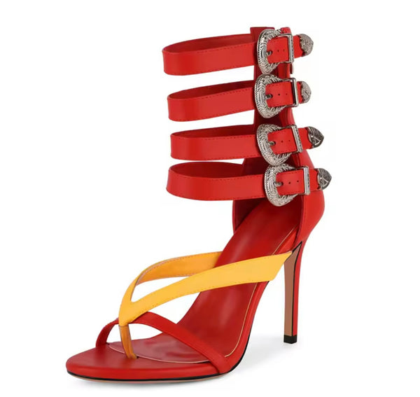 Women Color Patchwork Fashion Buckled High Heel Sandals