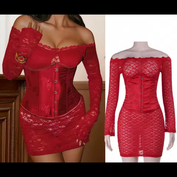 Women Red Sexy Lace Corset Full Sleeve Dress