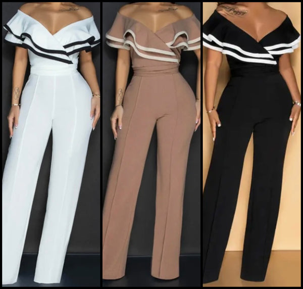 Women Sexy Striped Ruffled Off The Shoulder Short Sleeve Jumpsuit