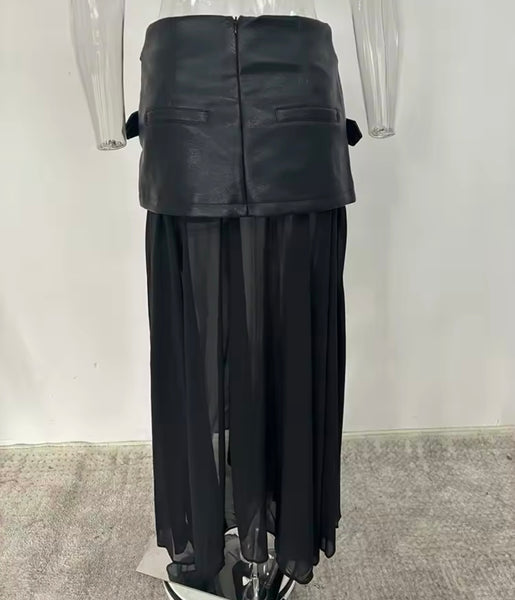 Women Black Zip Up Faux Leather Patchwork Two Piece Maxi Skirt Set