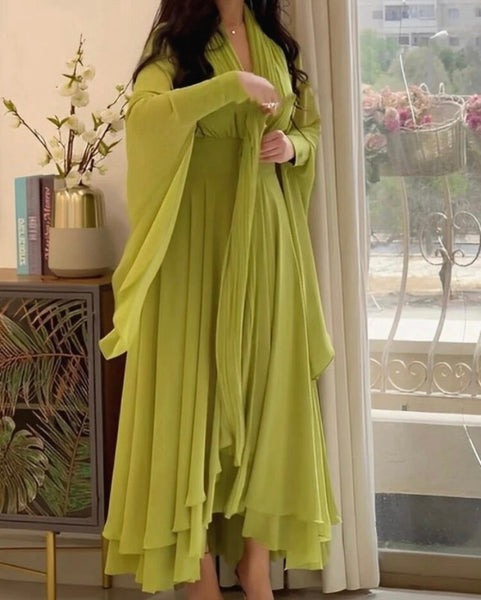 Women Sexy Solid Color Full Sleeve Ruffled Maxi Dress