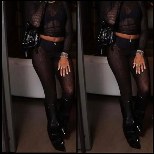 Women Sexy See Through Solid Color Full Sleeve Two Piece Pant Set