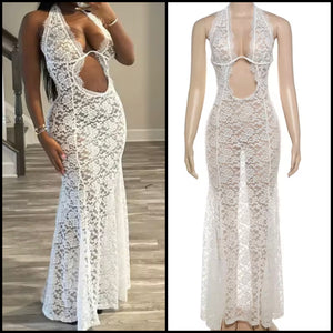 Women Sexy Halter Sleeveless White Lace Maxi Dress