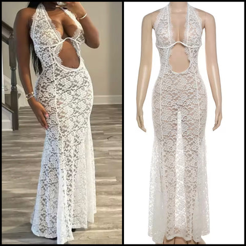 Women Sexy Halter Sleeveless White Lace Maxi Dress