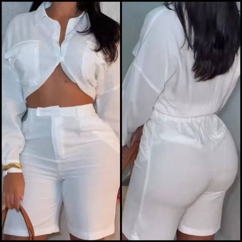 Women White Fashion Full Sleeve Crop Two Piece Short Set