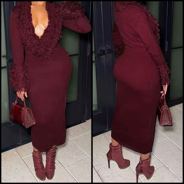 Women Sexy Burgundy Knitted Fringe Full Sleeve Maxi Dress