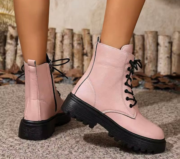 Women Fashion Zipper Lace Up Flat Ankle Boots