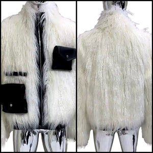 Women White/Black Faux Fur Zip Up Jacket