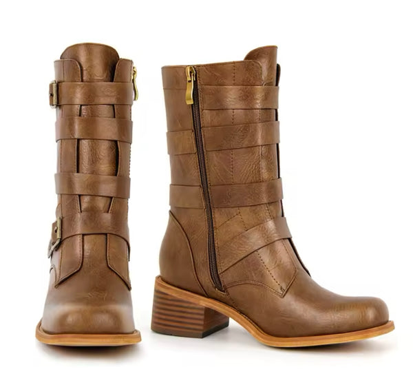 Women Fashion Brown Buckled Ankle/Knee High Boots