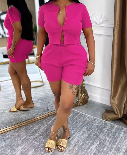 Women Fashion Button Up Short Sleeve Two Piece Short Set
