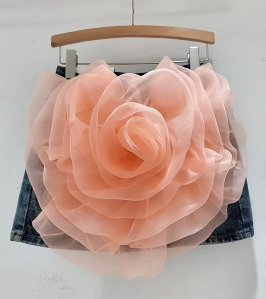 Women Fashion Tulle Floral Denim Skirt