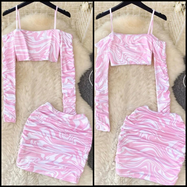 Women Sexy Pink/White Striped Full Sleeve Two Piece Skirt Set