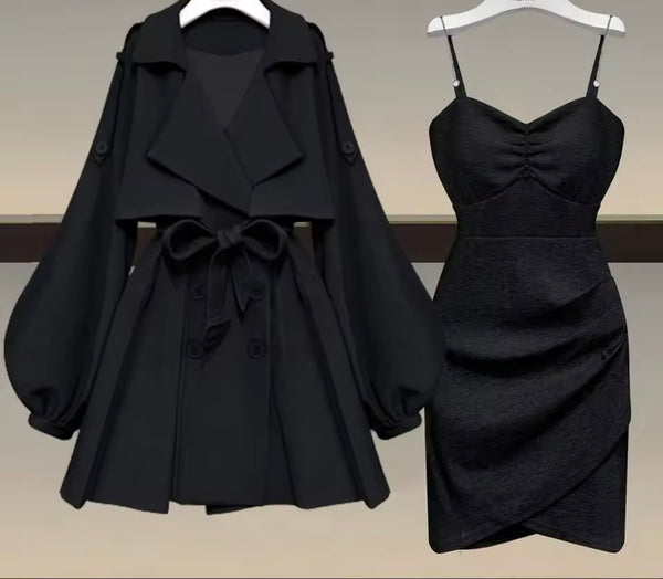 Women Sexy Sleeveless Dress Two Piece Trench Jacket Set