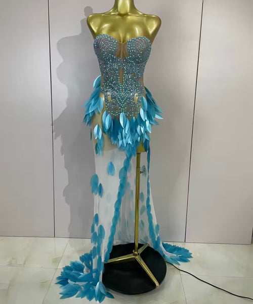 Women Sexy Strapless Beaded Sequins Side Split Maxi Dress