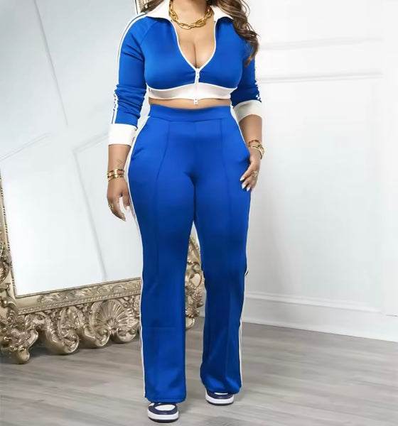 Women Color Fashion Full Sleeve Striped Tracksuit Two Piece Pant Set