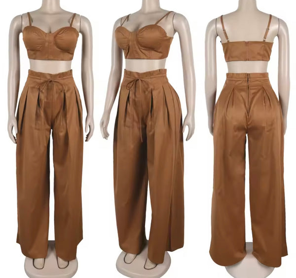 Women Color Sleeveless Crop Fashion Two Piece Wide Leg Pant Set