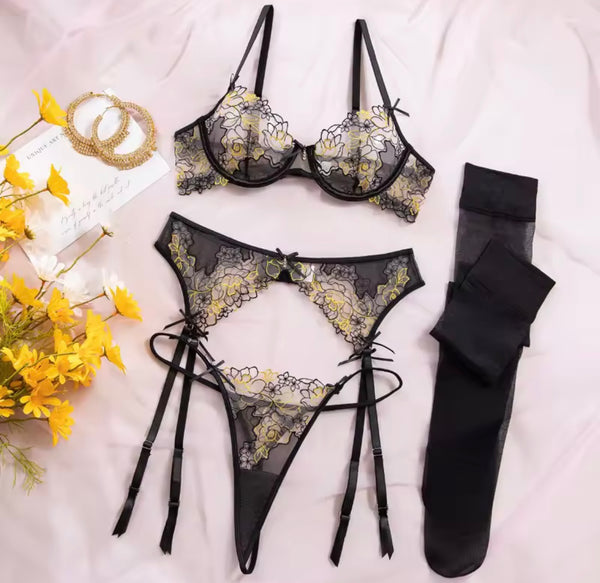 Women Sexy Black Floral Mesh G-String Lingerie Set