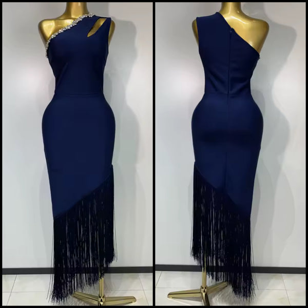 Women One Shoulder Sleeveless Blue Rhinestone Sexy Maxi Dress
