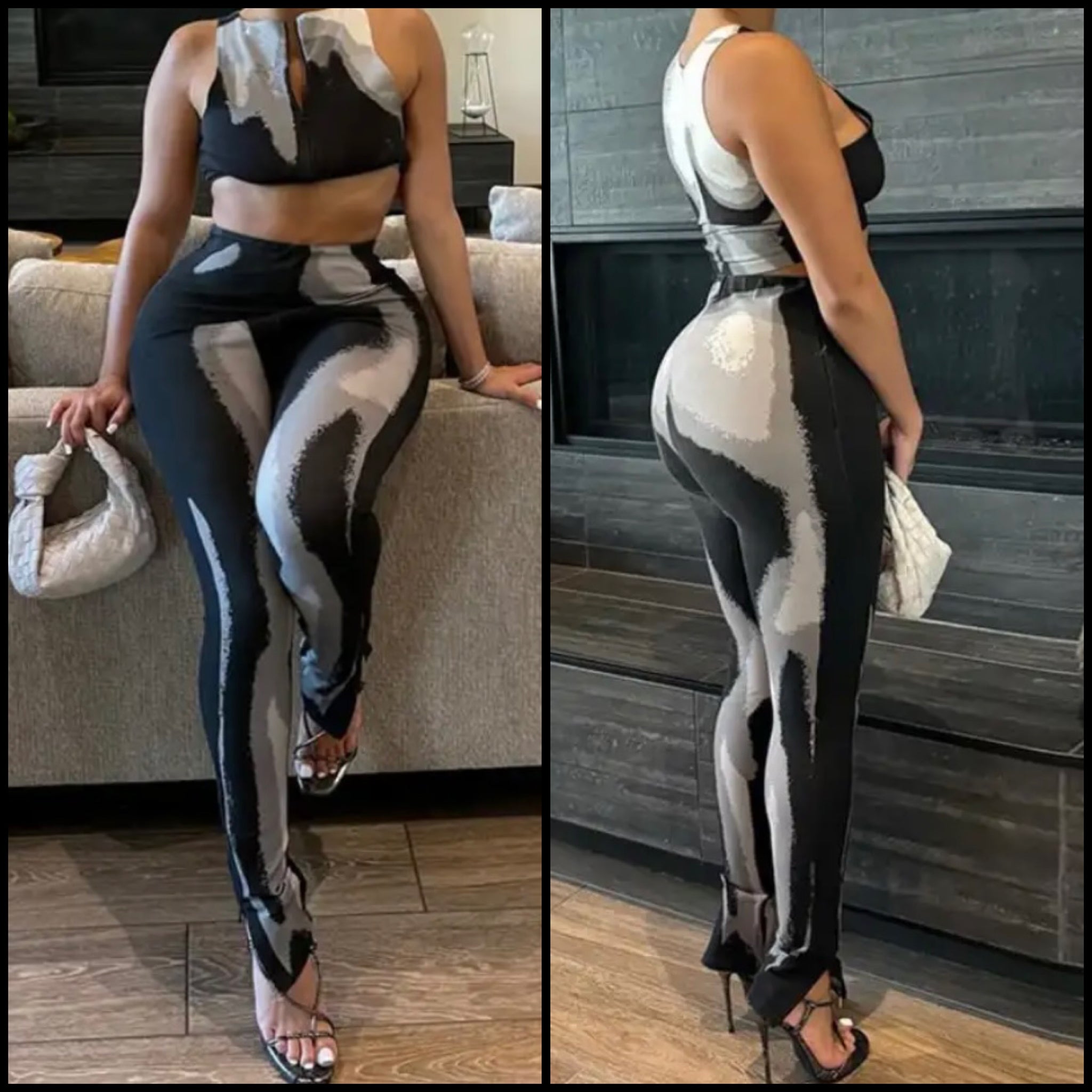 Women Sleeveless Color Patchwork Fashion Two Piece Pant Set