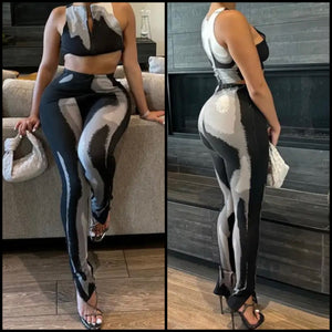Women Sleeveless Color Patchwork Fashion Two Piece Pant Set