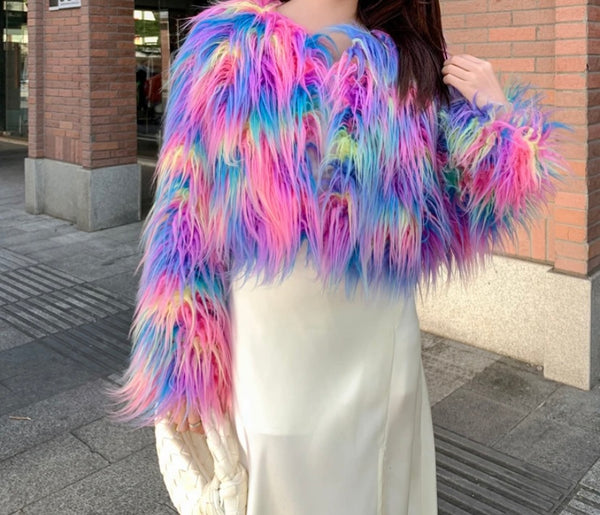 Women Fashion Colorful Faux Fur Crop Jacket