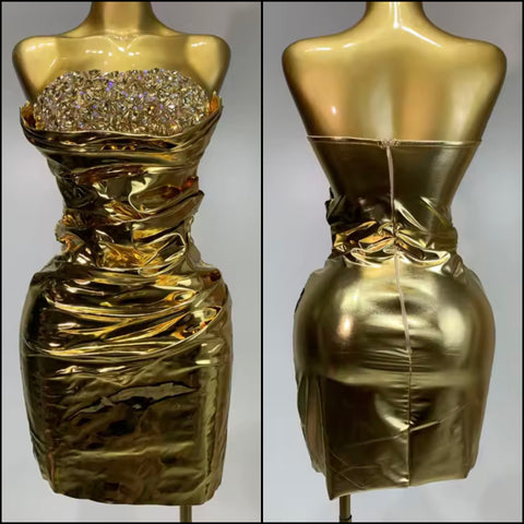 Women Sexy Strapless Gold Metallic Bling Ruched Dress