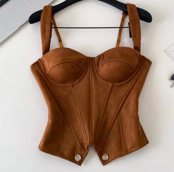 Women Brown Sleeveless Suede Top