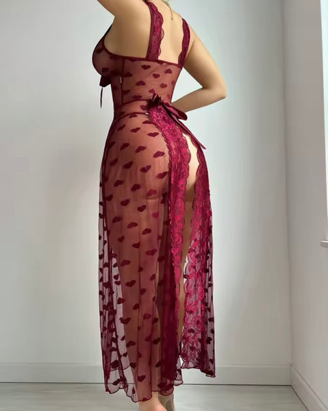 Women Sexy Heart Print Mesh Nightgown Lingerie Set