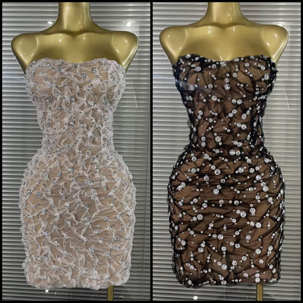 Women Sexy Strapless Rhinestone Mesh Dress
