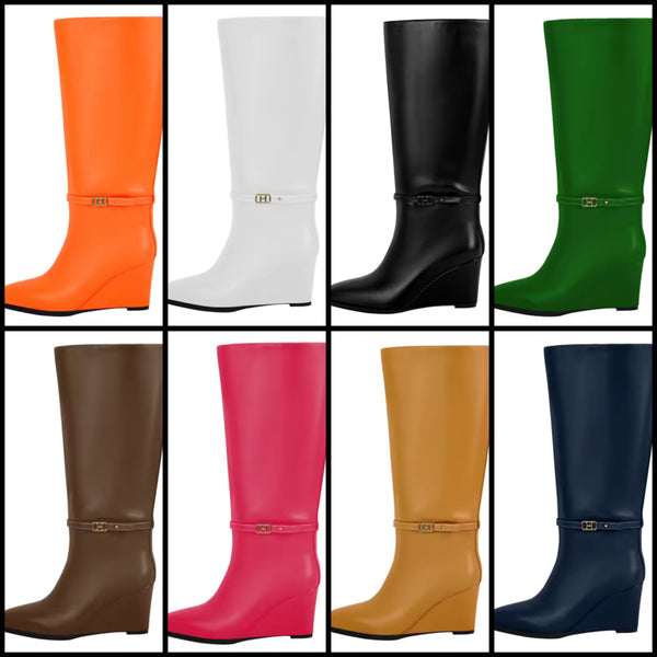 Women Fashion Color Faux Leather Buckle Wedge Knee High Boots