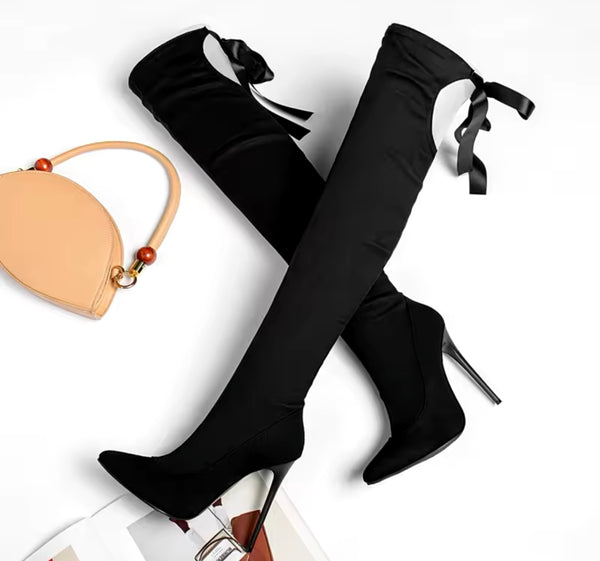Women Fashion Black Pointed Toe Cut Out Tie Up Knee High Boots