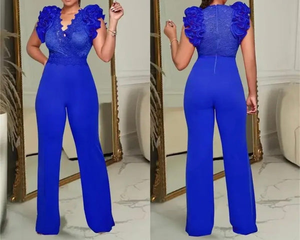 Women Sexy Color Ruffled Lace Patchwork Short Sleeve Jumpsuit