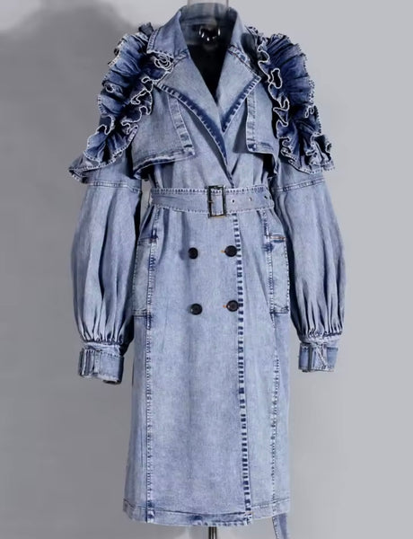 Women Fashion Blue Ruffled Denim Trench Jacket