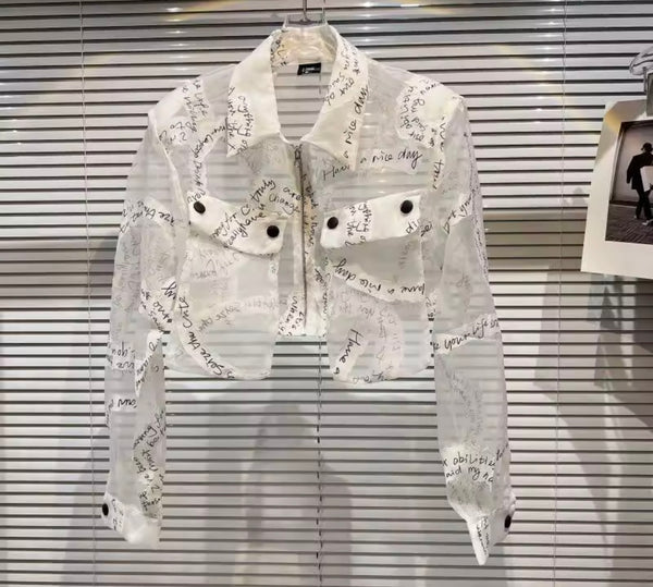 Women B&W Collar Full Sleeve Letter Print Mesh Crop Top