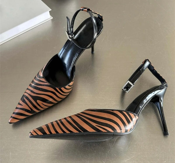 Women Fashion Zebra Print Ankle Strap High Heels