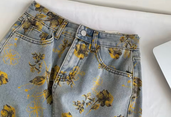 Women Fashion Yellow Floral Denim Skirt