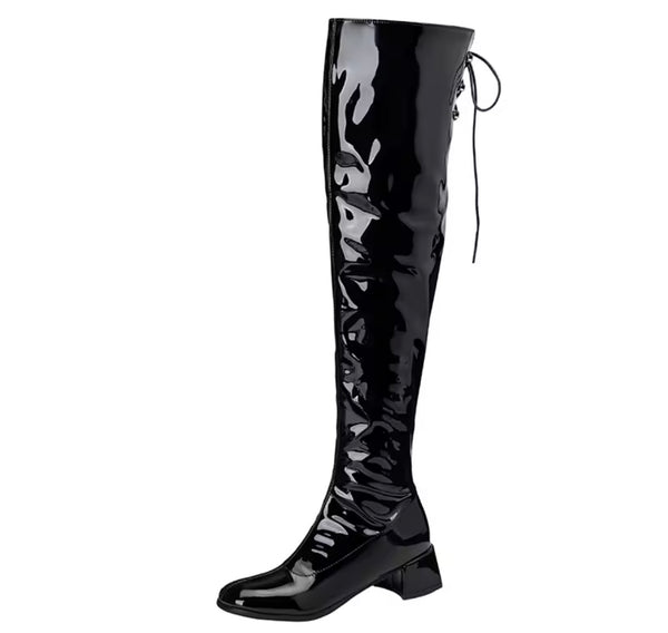 Women Patent Leather Back Tie Up Flat Knee High Boots