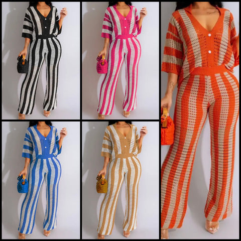 Women Knitted Short Sleeve Striped Two Piece Pant Set