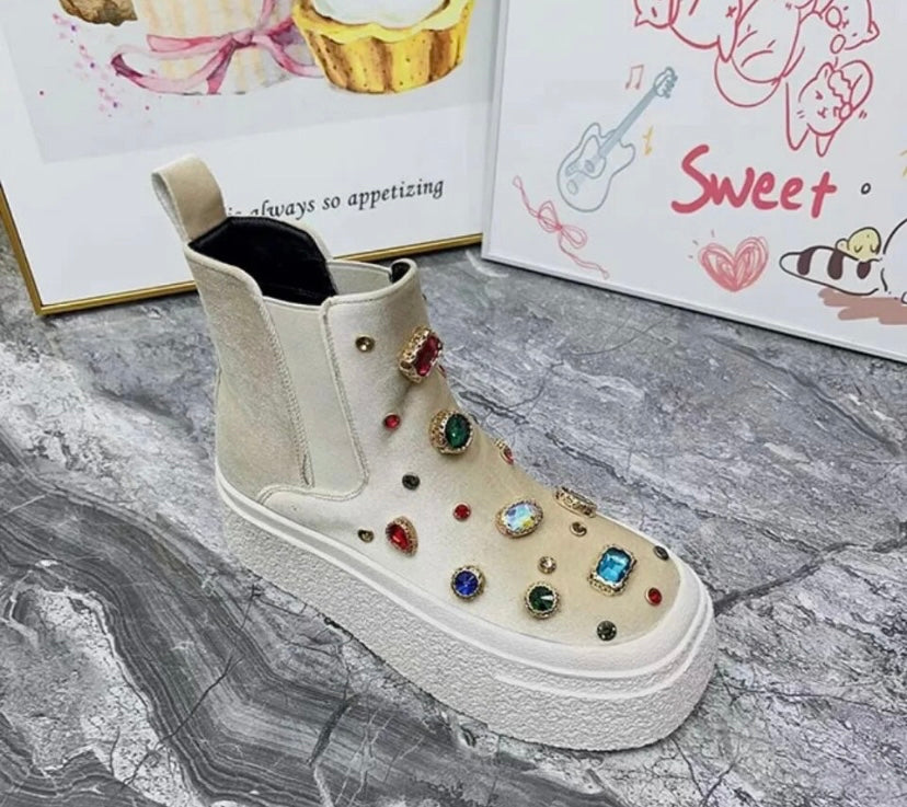 Women Fashion Suede Colorful Gem Ankle Boots